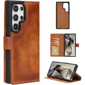 Soil Leather Wallet Folio Case Designed for Galaxy S24 Ultra - Detachable Stand Case, RFID Blocking Folio Wallet Case with Card Slots and ID Window -Antique Brown