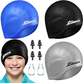 3Pcs Swim Caps for Kids with 3D Ear Pocket Silicone Bathing Swimming Caps with 2 Pair Ear Plugs Nose Clip for Women Men Teens