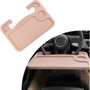 Car Steering Wheel Desk, Multipurpose Auto Steering Wheel Tray with Drink Holder, Steering Wheel Food Tray for Eating, Universal Vehicle Travel Accessories for Constant Travelers (Beige)