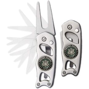 US ARMY SEAL Stainless Steel Construction Switchblade Golf Divot Repair Tool with 0.75 inches Die Struck Magnetic Nickel Silver Enamel Ball Marker
