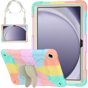 غطاء لهاتف Samsung Galaxy Tab A9+ Plus للفتيات الصغيرات، Galaxy Tab A9+ 11 بوصة 2023 تم إصداره مع حامل فراشة وحزام كتف مضاد للصدمات واقٍ لكامل الجسم، ذهبي وردي ملون