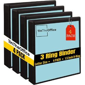 1InTheOffice 3 Ring Binders, 1.5 Inch Binders 3 Ring, D Ring Binder, Holds 375 Sheets, Fits 8.5" x 11" Paper, Black, 4 Pack