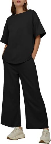 DEEP SELF Women's 2 Piece Summer Outfits Short Sleeve Crew Neck Tops Wide Leg Pants Casual Lounge Sets with Pockets in Saudi Arabia