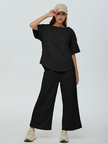 DEEP SELF Women's 2 Piece Summer Outfits Short Sleeve Crew Neck Tops Wide Leg Pants Casual Lounge Sets with Pockets in Saudi Arabia