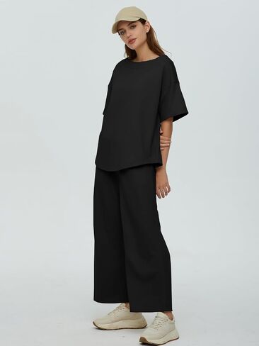 DEEP SELF Women's 2 Piece Summer Outfits Short Sleeve Crew Neck Tops Wide Leg Pants Casual Lounge Sets with Pockets in Saudi Arabia