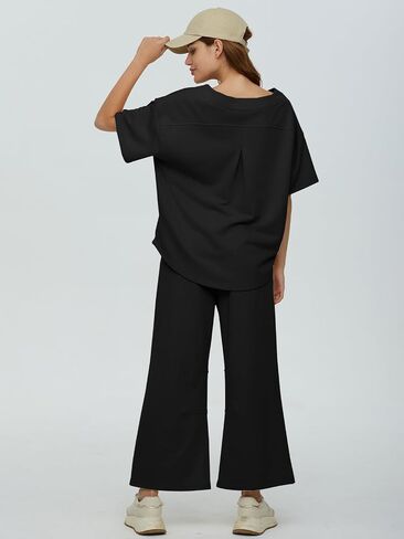 DEEP SELF Women's 2 Piece Summer Outfits Short Sleeve Crew Neck Tops Wide Leg Pants Casual Lounge Sets with Pockets in Saudi Arabia