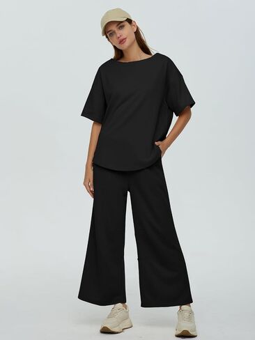 DEEP SELF Women's 2 Piece Summer Outfits Short Sleeve Crew Neck Tops Wide Leg Pants Casual Lounge Sets with Pockets in Saudi Arabia