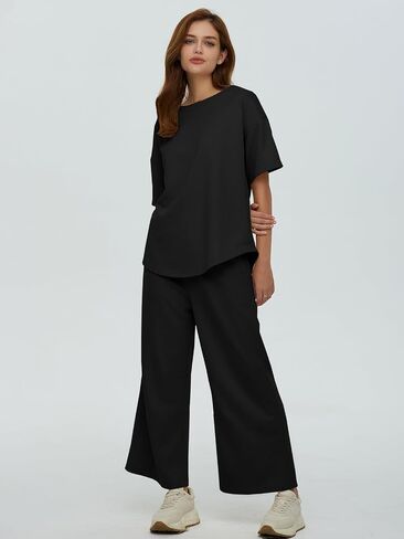 DEEP SELF Women's 2 Piece Summer Outfits Short Sleeve Crew Neck Tops Wide Leg Pants Casual Lounge Sets with Pockets in Saudi Arabia
