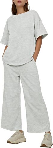 DEEP SELF Women's 2 Piece Summer Outfits Short Sleeve Crew Neck Tops Wide Leg Pants Casual Lounge Sets with Pockets in Saudi Arabia