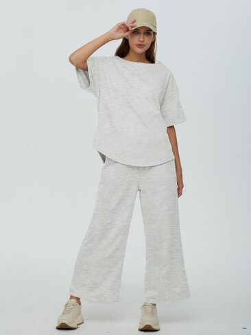 DEEP SELF Women's 2 Piece Summer Outfits Short Sleeve Crew Neck Tops Wide Leg Pants Casual Lounge Sets with Pockets in Saudi Arabia