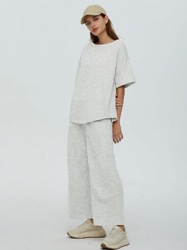 DEEP SELF Women's 2 Piece Summer Outfits Short Sleeve Crew Neck Tops Wide Leg Pants Casual Lounge Sets with Pockets in Saudi Arabia