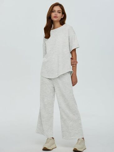 DEEP SELF Women's 2 Piece Summer Outfits Short Sleeve Crew Neck Tops Wide Leg Pants Casual Lounge Sets with Pockets in Saudi Arabia