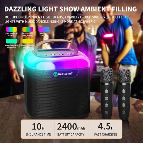 مكبر صوت بلوتوث محمول بتقنية الكاريوكي مع 2 ميكروفونات لاسلكية وأضواء LED ديناميكية للأطفال البالغين للحفلات للاستخدام الداخلي والخارجي هدية مثالية للعائلة (أسود) in Saudi Arabia