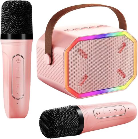 آلة كاريوكي محمولة، بلوتوث 5.3، مكبر صوت كاريوكي مع 2 ميكروفونات لاسلكية، مصابيح LED، صوت سحري، بطارية ذات سعة كبيرة، هدية عيد ميلاد لحفلة منزلية عائلية، هدية للأطفال للفتيات والأولاد، (وردي) in Saudi Arabia
