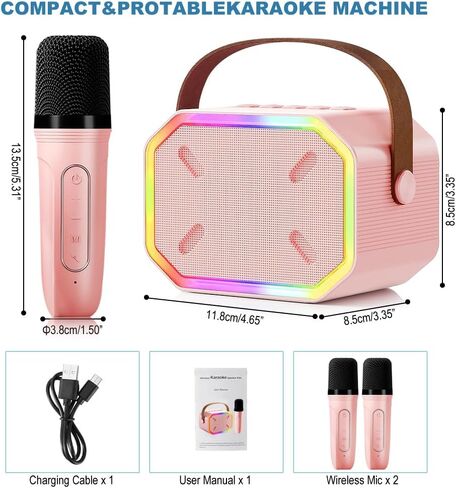 آلة كاريوكي محمولة، بلوتوث 5.3، مكبر صوت كاريوكي مع 2 ميكروفونات لاسلكية، مصابيح LED، صوت سحري، بطارية ذات سعة كبيرة، هدية عيد ميلاد لحفلة منزلية عائلية، هدية للأطفال للفتيات والأولاد، (وردي) in Saudi Arabia