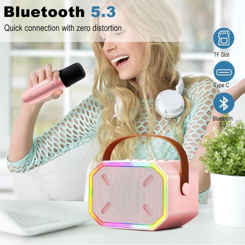 آلة كاريوكي محمولة، بلوتوث 5.3، مكبر صوت كاريوكي مع 2 ميكروفونات لاسلكية، مصابيح LED، صوت سحري، بطارية ذات سعة كبيرة، هدية عيد ميلاد لحفلة منزلية عائلية، هدية للأطفال للفتيات والأولاد، (وردي) in Saudi Arabia