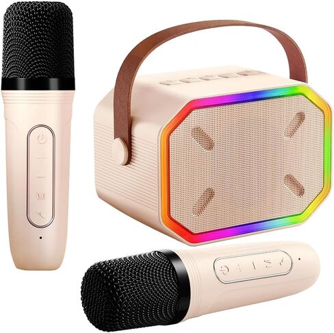 آلة كاريوكي محمولة، بلوتوث 5.3، مكبر صوت كاريوكي مع 2 ميكروفونات لاسلكية، مصابيح LED، صوت سحري، بطارية ذات سعة كبيرة، هدية عيد ميلاد لحفلة منزلية عائلية، هدية للأطفال للفتيات والأولاد، (وردي) in Saudi Arabia