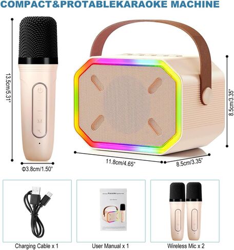 آلة كاريوكي محمولة، بلوتوث 5.3، مكبر صوت كاريوكي مع 2 ميكروفونات لاسلكية، مصابيح LED، صوت سحري، بطارية ذات سعة كبيرة، هدية عيد ميلاد لحفلة منزلية عائلية، هدية للأطفال للفتيات والأولاد، (وردي) in Saudi Arabia