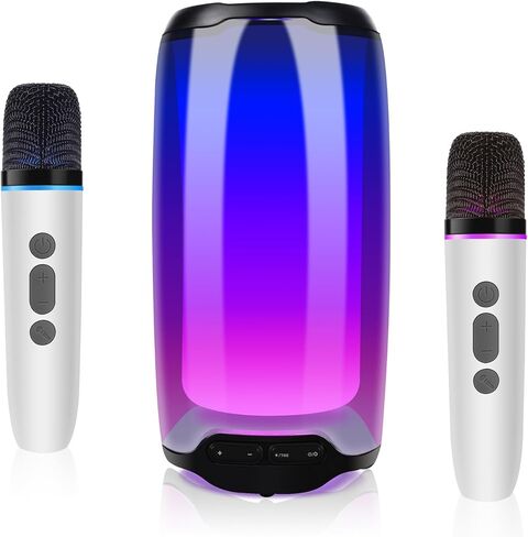 مكبرات صوت بلوتوث محمولة، آلة كاريوكي، مكبر صوت كاريوكي محمول بلوتوث مع 2 ميكروفونات بلوتوث، اقتران TWS، تعديل الجهير/الثلاثي، مصابيح LED، للغناء/حفلات أعياد الميلاد/المنازل in Kuwait
