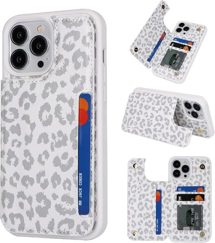 حافظة هاتف iCoverCase لهاتف iPhone 13 Pro Max مع حامل بطاقة، حافظة محفظة iPhone 13 Pro Max للنساء والرجال [محجبة RFID] حافظة بيضاء واقية من جلد البولي يوريثان لهاتف iPhone 13 Pro Max (رمادي ليوبارد) in Saudi Arabia