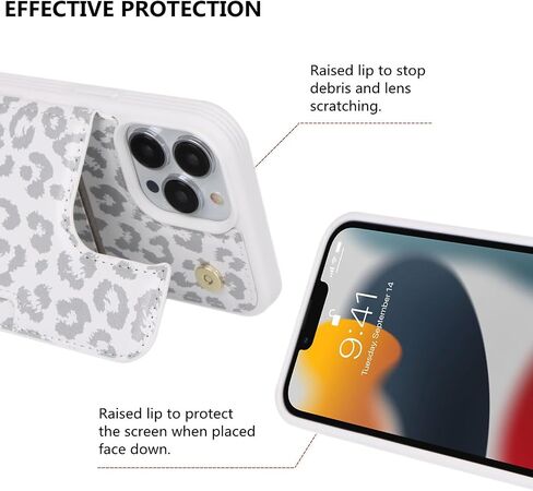 حافظة هاتف iCoverCase لهاتف iPhone 13 Pro Max مع حامل بطاقة، حافظة محفظة iPhone 13 Pro Max للنساء والرجال [محجبة RFID] حافظة بيضاء واقية من جلد البولي يوريثان لهاتف iPhone 13 Pro Max (رمادي ليوبارد) in Saudi Arabia