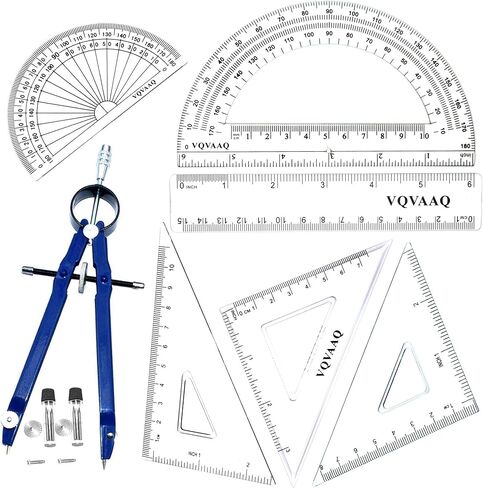 مجموعة مدرسية هندسية مكونة من 7 قطع، مع بوصلة عالية الجودة، ومسطرة خطية، ومجموعة مربعات، ومنقلة (أزرق) in Kuwait