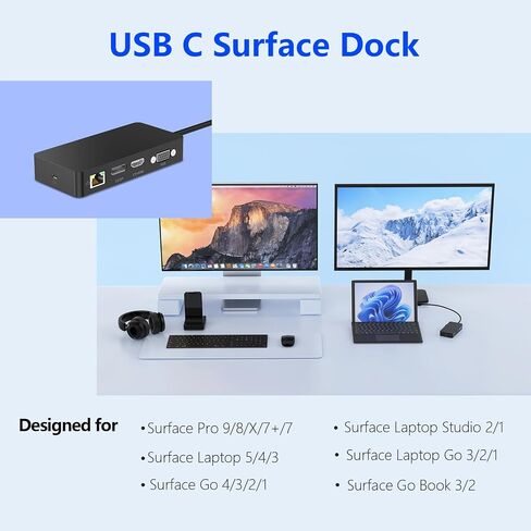 Microsoft USB C Surface Dock Triple Displays، قاعدة تركيب سطحية 12 في 1 مع 4K DP+HDMI+VGA لجهاز Surface Pro 10/9/8/X/7+/7، وSurface Laptop 6/5/4/3، وSurface Laptop Studio 2/1، سيرفيس جو 4/3/2/1 in Kuwait