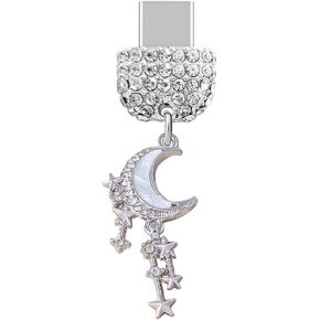 Elise & Fonda TP534 Type-C Charging Port Crystal Anti Dust Plug Little Moon and Stars Charm For iPhone 15/16/Samsung/OnePlus/Xiaomi/Oppo Android هواتف (أبيض)