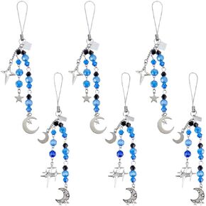 SUNNYCLUE 6Pcs 2 Styles Phone Dust Plug Charm Smartphone Charms Alloy Blue Glass Silver Moon Star Pendants Mobile Phones Anti Dust Plugs Strap Accessories for Women Adults Cellsphones Hanging Decors