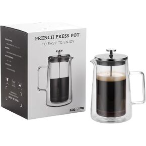 French Press Coffee Maker 34Oz (1 Liter), DoubleWall Insulated Borosilicate Glass, Heat-Resistant Design, Stainless Steel Filter for Coffee, Tea & Cold Brew