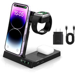 6 in 1 Wireless Charger Charging Station,Folding Stand Dock for Samsung Galaxy & iPhone 15 14 13 12 11 X XR XS Pro Max 8 Plus SE for Samsung & Apple Watch and Earphones AirPods 2/3/Pro
