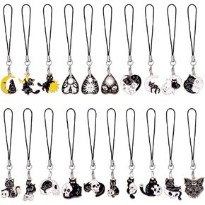 PLIGREAT 28 Pcs Enamel Cat Phone Charms Black Cat Art Cell Phone Charms Strap Hanging Detachable Pendant Decor for Phone Camera Decor Keychain Bag Lanyard Jewelry Making Accessories