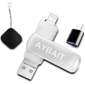 128GB 4-in-1 Silver USB Flash Drive – Lightning for iPhone, Micro USB, USB 3.0, Includes Free USB-C Adapter & Bluetooth Tracker