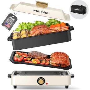 Slow Cooker Large Capacity Non-stick Vessel with Lid, 1400W 2-in-1 Electric Skillet for Grill and Hotpot with Carry Bag, Cooker with Adjustable Temperature (White)