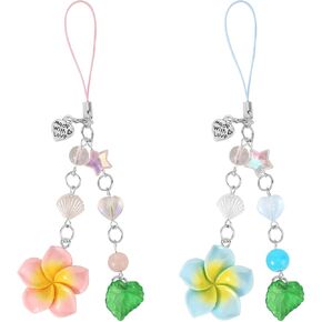 2pcs Hibiscus Flower Phone Charms, Cute Y2K Cell Phone Wrist Straps Aesthetic Star Shell Love Heart Summer Beach Lanyard Accessories for Bag Keychain Decor