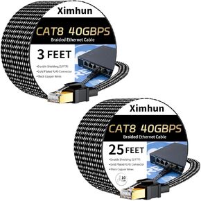 Cat 8 Ethernet Cable 3FT and 25FT, High-Speed Braided Internet Cable Network Cord with RJ45 Connector 40Gbps 2000Mhz Heavy Duty LAN Cable Shielded Indoor