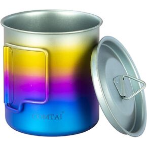 Titanium Pot, 420ml/15 oz Mug with Lid and Foldable Handle, Outdoor Titanium Cup for Hiking Camping Cooking-Rainbow
