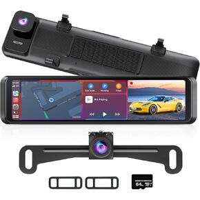4K View View Mirror Camera مع Carplay & Android Auto: 11.26 "Smart Touch Screen Mirror Cam Cam الأمامي والخلفي مع التحكم الصوتي ، ومراقبة وقوف السيارات ، ومساعدة عكسية لشاحنة السيارة سيارات الدفع الرباعي (بطاقة 64 جيجابايت)