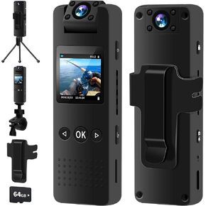 Body Camera with Audio and Video Recording, 1080P FHD Body Cam with 180° Rotating Lens, 8HR Battery & Night Vision, 64GB Wearable Camera for Pet, Home, Office, Easy-to-Use