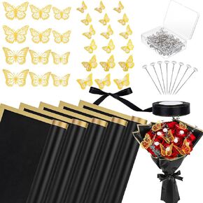 40 Sheets Flower Wrapping Paper Kit Floral Bouquet Wrap Paper with 2 Rolls Ribbons 100 Pcs Flower Pins 48 Pcs 3D Butterflies for Valentine Mother's Day Wedding Birthday Graduation DIY Gift (Pink)