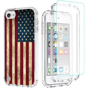 Phone Case for iPod Touch 6/Touch 5/Touch 7 Case with Tempered-Glass Screen Protector, Cute Clear Flag Pattern Full Body Protective Cover Cases for iPod Touch 5th / 6th / 7th (USA Flag)
