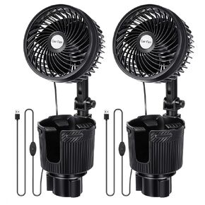 2 Pcs USB Car Fan with Cup Holder 2 in 1 6 Inch Portable Vehicle Cooling Fan Expander 2 Speeds 360 Degree Rotation Adjustable Base Cup Holder for SUV Rv Truck Sedan Boat Supplies