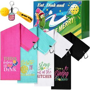 4 Pcs Funny Dink Ball Towels 16 x 24 in Microfiber Cotton Athletic Towels with Dinkball Keychains Gift Set for Women Men Embroidered Waffle Dinkball Sports Towel Gift Box for Dinkball Lovers