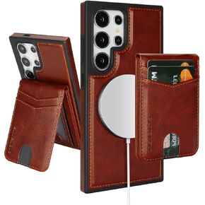 Compatible with Magsafe 2 in 1 Detachable Galaxy S24 Ultra Wallet Case with Card Holder,Women Men Magnetic PU Leather RFID Blocking Flip Kickstand Credit Slots for Galaxy S24 Ultra,Brown