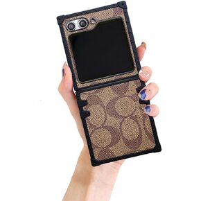 Phone Case for Samsung Galaxy Z Flip6 Case,Luxury Designer PU Leather Case Classic Shockproof TPU Bumper Premium Protection Soft Cover Case Compatible with Samsung Galaxy Z Flip 6(Khaki)