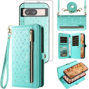 Asuwish Phone Case for Google Pixel 8 5G Zipper Wallet Detachable Magnetic Cell Cover with Tempered Glass Screen Protector Crossbody Strap Bling Flip Credit Card Holder Pixel8 Eight Women Girls Black