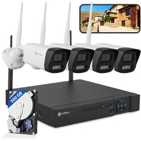 Zypola® Wireless Security Camera System, 4CH NVR with 500GB HDD, 4pcs 2MP WiFi Cameras, HD Video, Night Vision, Weatherproof, Motion Detection for Home & Business