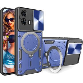 Ysnzaq Armor Case for Motorola Edge 50 Fusion (Not Edge 50), Lens Sliding Phone Cover with Magnetic Coil Bracket for Motorola Edge 50 Fusion CQ Navy, queen