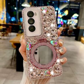 for Samsung Galaxy A56 5G Case with Sparkling Diamonds,Luxury Bling Glitter Design with Magsafe Ring Kickstand and Mirror for Women Girls (Pink)