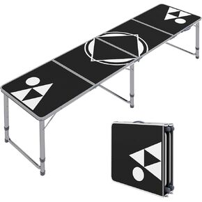 Outsunny 8ft Portable Beer Pong Table with Adjustable Legs, Folding Camping Table, Aluminum Picnic Table, for Party, Travel, BBQ, Beach, Blue and White